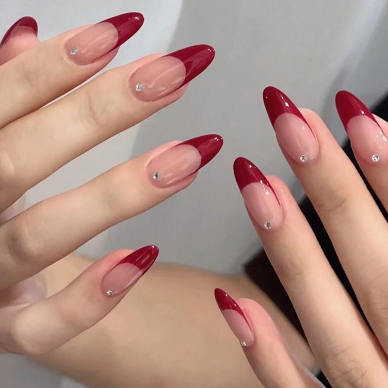 European and American style red French manicure, simple and atmospheric, removable finished wearable nails, fake nail pieces