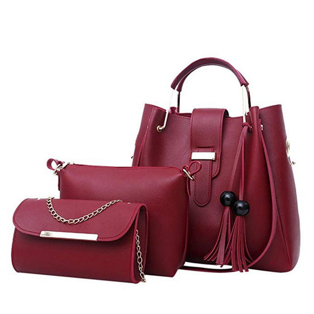 Laamei 3Pcs/Sets Women Handbags Leather Shoulder Bags Female Casual Tote Bag Tassel Bucket Purses Handbags Sac Femme