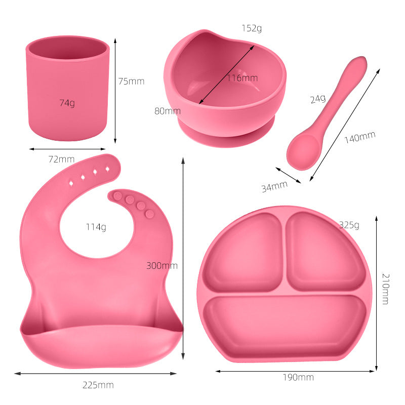 Silicone children's tableware set baby feeding complementary food tableware saliva pocket suction cup bowl spoon dinner plate bib 5-piece set