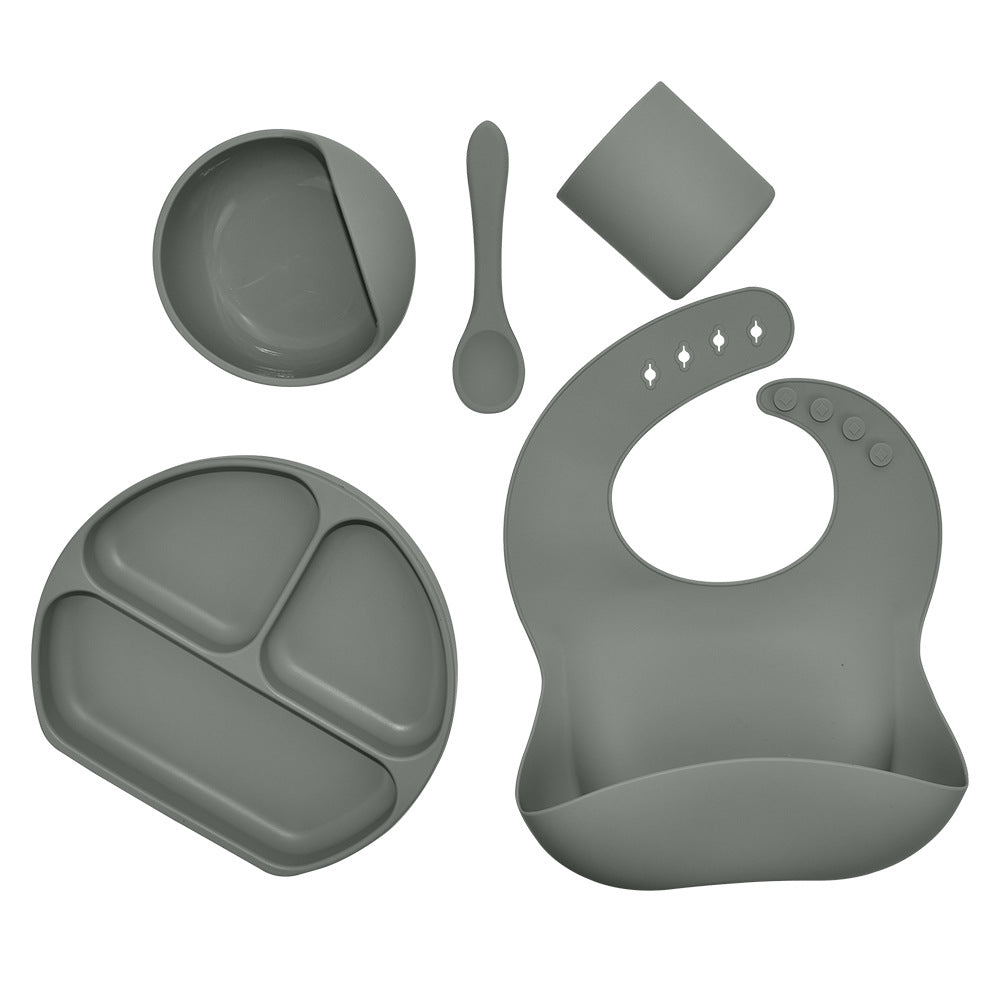 Silicone children's tableware set baby feeding complementary food tableware saliva pocket suction cup bowl spoon dinner plate bib 5-piece set