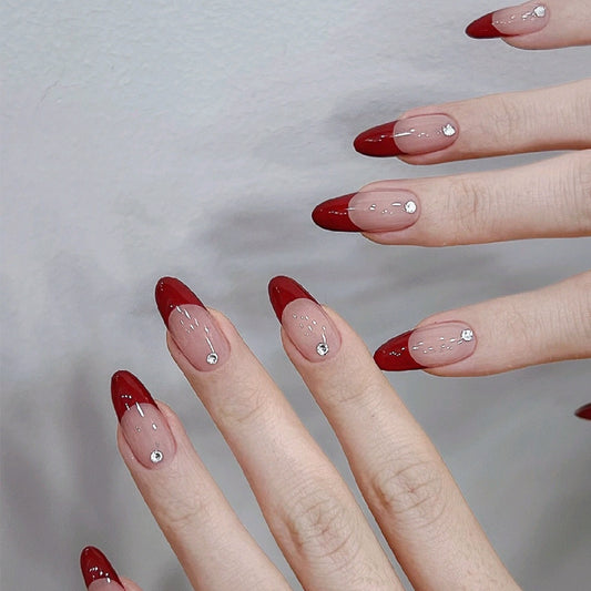 European and American style red French manicure, simple and atmospheric, removable finished wearable nails, fake nail pieces