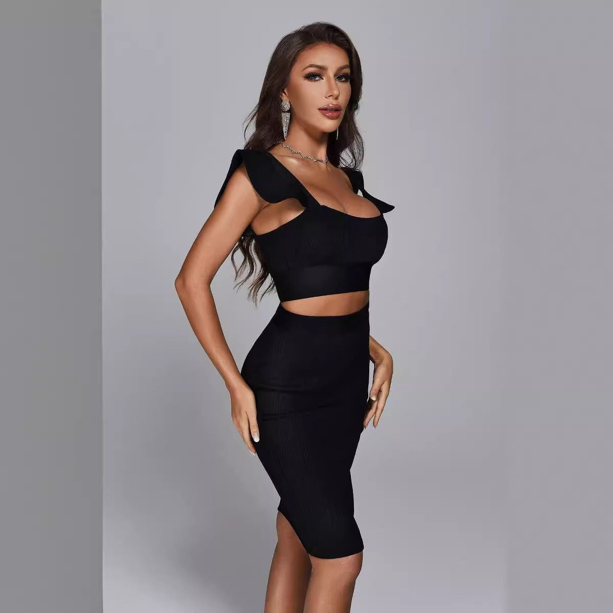 European and American sexy hot-selling bandage skirt suit short top short skirt high street party two-piece skirt suit