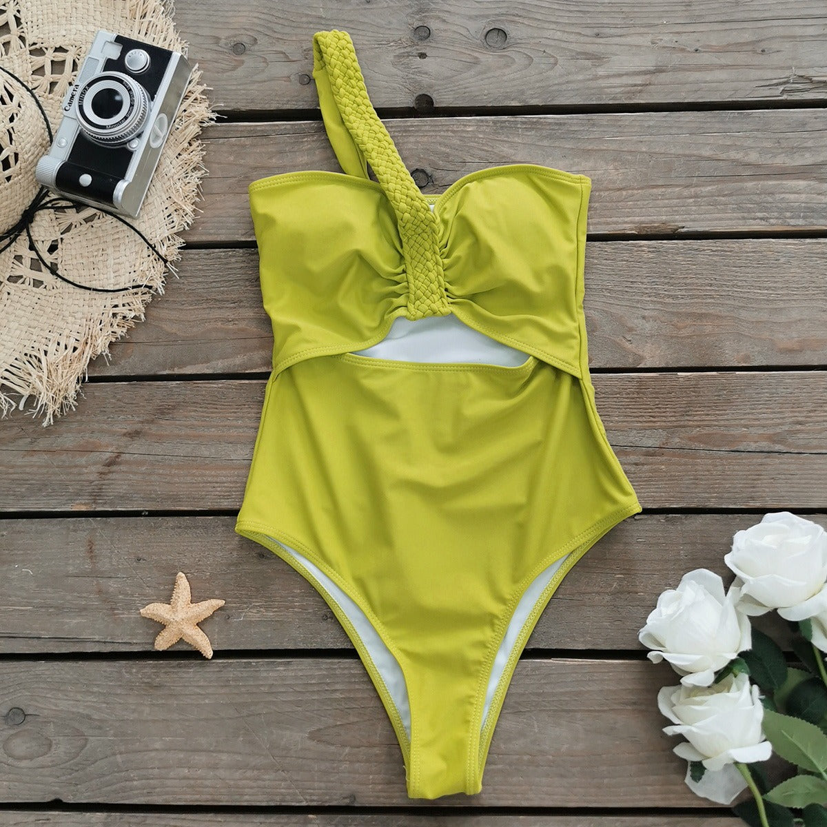 Single shoulder woven shoulder strap European and American triangle one-piece swimsuit for women solid color tube top