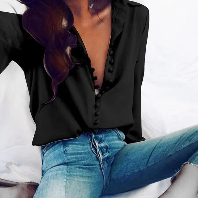 Fashion Casual Solid Color ladies office Tops Sexy Buttons Long sleeve Blouse 2020 new Spring Women Chiffon white Shirt